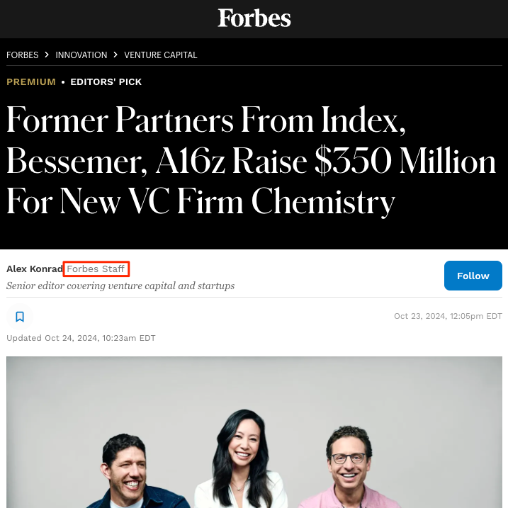 A screenshot of a Forbes article. After the author's name, it says "Forbes Staff".